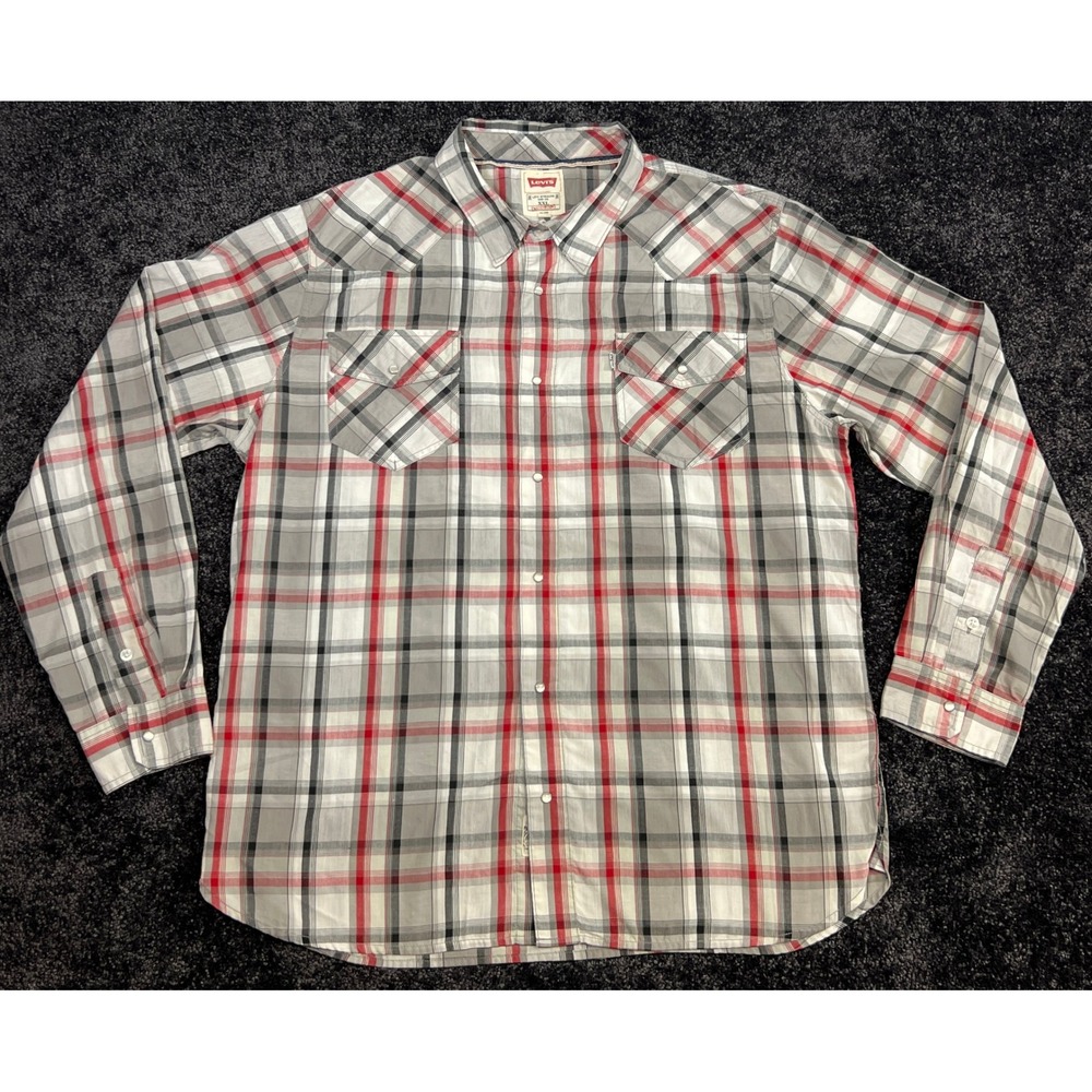 Men's Levi's XXL Modern Western Shirt Plaid Button Up LS Black Red White‎ Gray